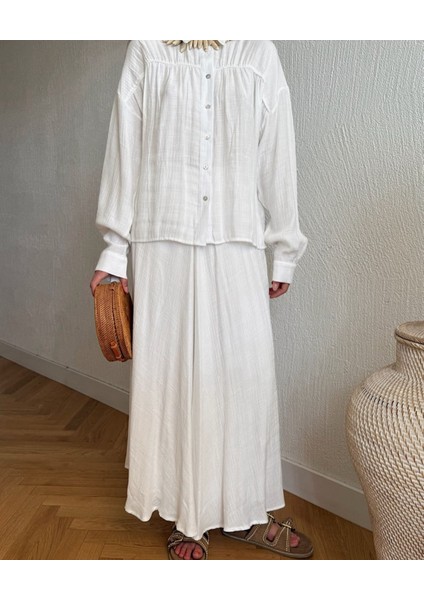 Beyaz Tesettüre Uygun Astarlı Gömlek Etek Pamuklu Takım fiyatları