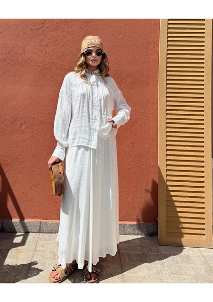 Beyaz Tesettüre Uygun Astarlı Gömlek Etek Pamuklu Takım modelleri