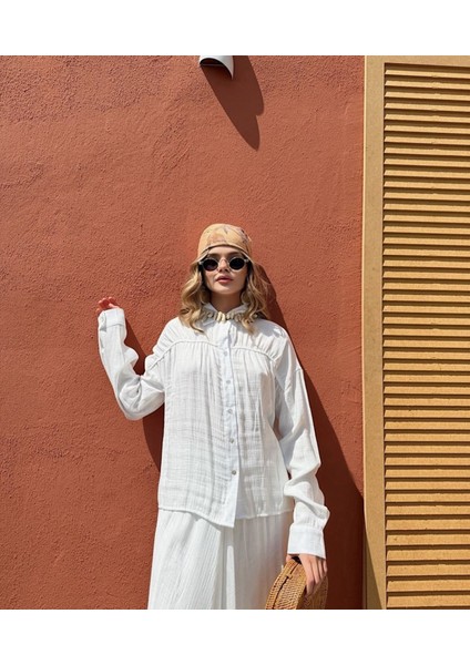 Beyaz Tesettüre Uygun Astarlı Gömlek Etek Pamuklu Takım