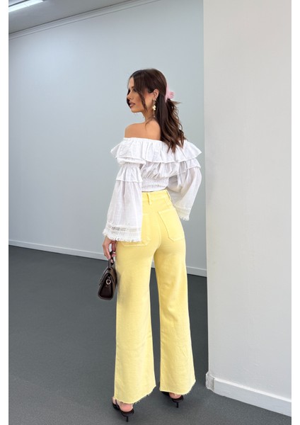 Milano Açık Sarı Cepli Yarım Flare Jeans modelleri