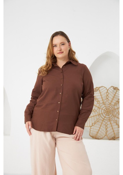 Kol Kroşeta Detaylı Büyük Beden Gömlek Kahve