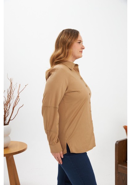 Kol Kroşeta Detaylı Büyük Beden Gömlek Vizon fiyatları