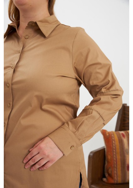 Kol Kroşeta Detaylı Büyük Beden Gömlek Vizon modelleri