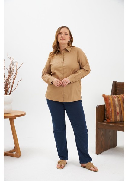 Kol Kroşeta Detaylı Büyük Beden Gömlek Vizon fırsatları