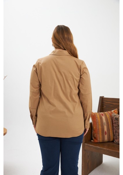 Kol Kroşeta Detaylı Büyük Beden Gömlek Vizon indirimleri