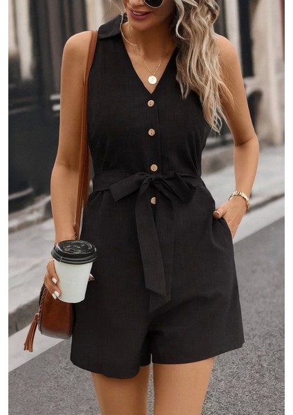 Kadın Sıfır Kollu Yakalı Düğmeli Belden Kuşaklı Kısa Keten Tulum