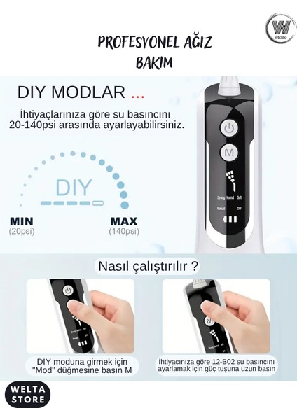 Ağız Duşu Taşınabilir Şarjlı 5 Modlu 330ML Su Püskürtmeli Profesyonel Diş Teli / Protez Bakım Cihazı