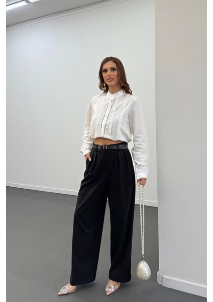Asra Siyah Pileli Kumaş Pantolon