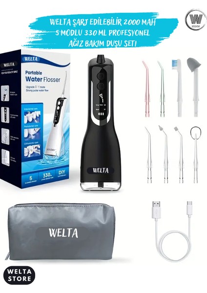 Ağız Duşu Taşınabilir Şarjlı 5 Modlu 330ML Su Püskürtmeli Profesyonel Diş Teli / Protez Bakım Cihazı