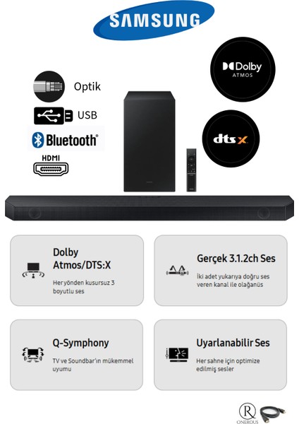 3.1.2 Kanal Ile Her Yönden Kusursuz 3 Boyutlu Ses Q Serisi Dolby Atmos Ve Dts:x 360w Soundbar & Ev Sinema Sıstemıhw-Q600c + Hdmı Kablosu ( Samsung Türkiye İadeli )