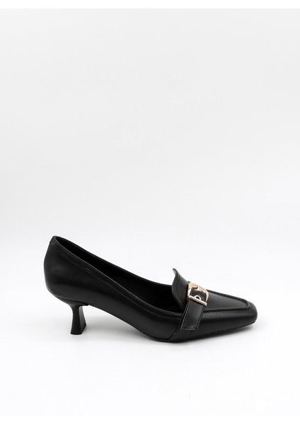 Kadın Kısa Topuklu Tokalı Günlük Ayakkabı PM170 Siyah Cilt
