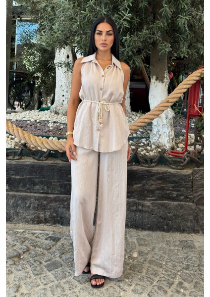 Çizgili Kolsuz Gömlek ve Bol Paça Pantolon 1253