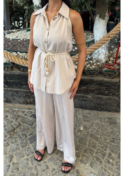 Çizgili Kolsuz Gömlek ve Bol Paça Pantolon 1253 fiyatları