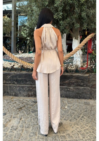 Çizgili Kolsuz Gömlek ve Bol Paça Pantolon 1253 fırsatları