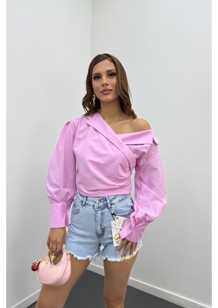 Suzy Pembe Kruvaze Tasarım Gömlek Bluz