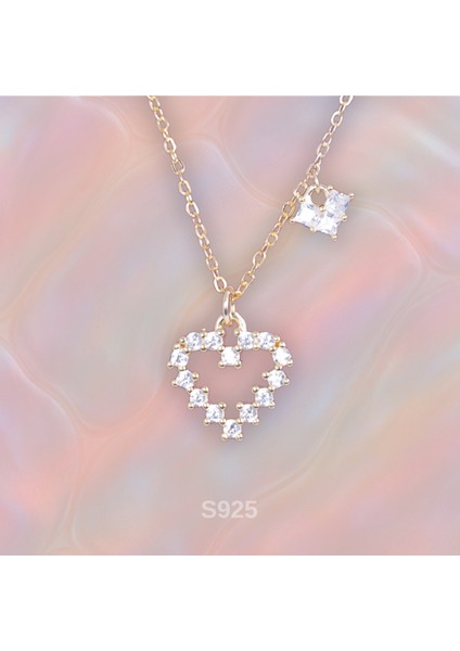14K Altın Kaplama Küçük Kalp Charmlı Taşlı Kalp Zincir Kolye - 925 Ayar Gümüş