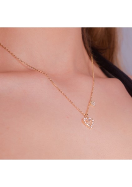 14K Altın Kaplama Küçük Kalp Charmlı Taşlı Kalp Zincir Kolye - 925 Ayar Gümüş fiyatları