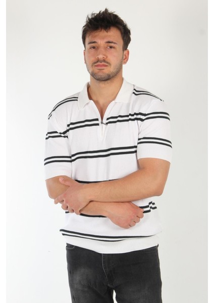 66562 Yakası Fermuarlı Çift Çizgi Desen Triko T-Shirt