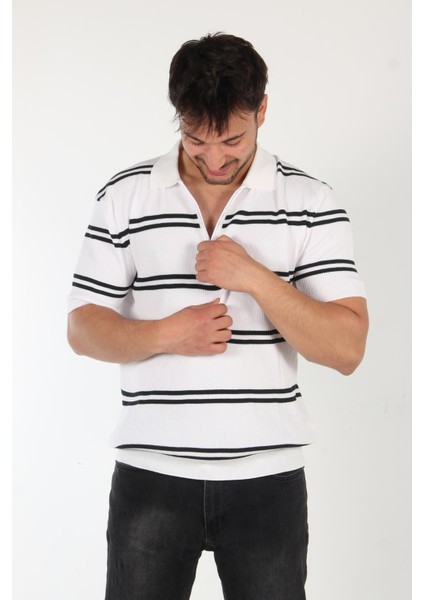 66562 Yakası Fermuarlı Çift Çizgi Desen Triko T-Shirt fiyatları