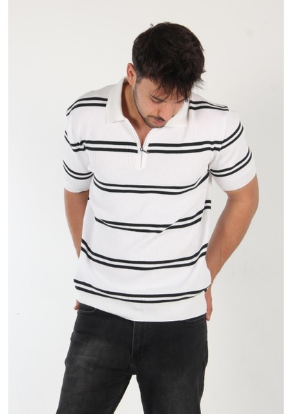 66562 Yakası Fermuarlı Çift Çizgi Desen Triko T-Shirt fırsatları