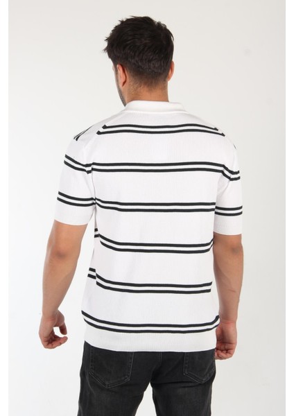 66562 Yakası Fermuarlı Çift Çizgi Desen Triko T-Shirt indirimleri