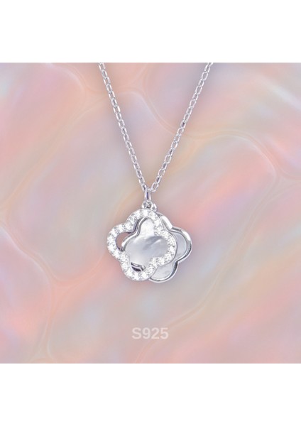 Zirkon Detaylı Sedef Yonca Kolye - 925 Ayar Gümüş - Minimal Zarafet