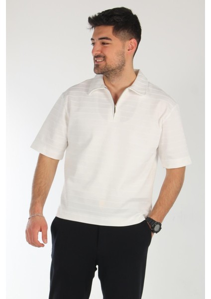 6132 Yakası Fermuarlı Kendinden Çizgili T-Shirt