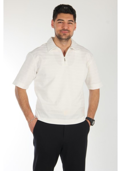6132 Yakası Fermuarlı Kendinden Çizgili T-Shirt modelleri