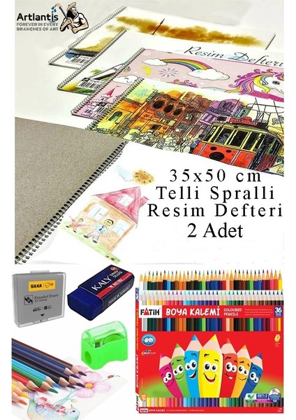36 Renk Kuru Boya Fatih 35X50 cm Telli Spralli Resim Defteri Hamur Silgi Kalemtraş 15 Yaprak Resim Defteri Kuruboya