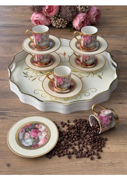 24K Flores Türk Kahve Fincan Takımı 6 Kişilik 12 Parça
