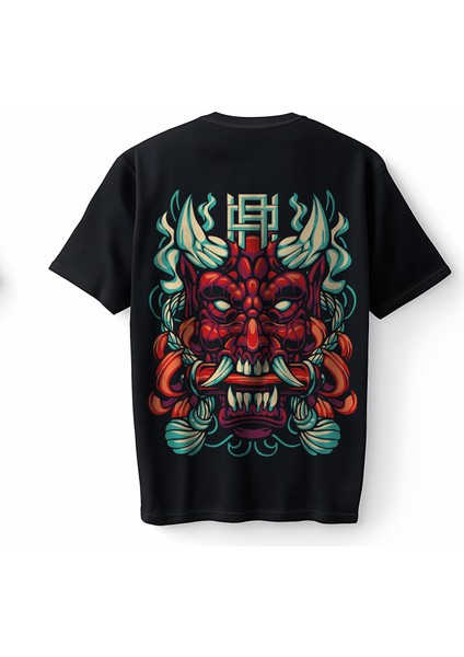Japanese Demon Mask Oversize Unisex Tişört T-Shirt
