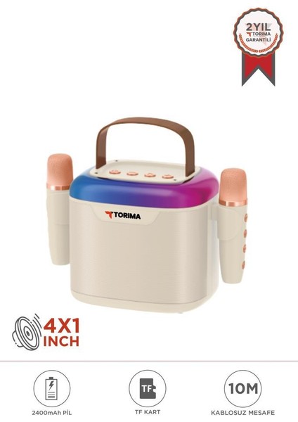 D51 Beyaz Çift Mikrofonlu Kablosuz Parti Hoparlörü