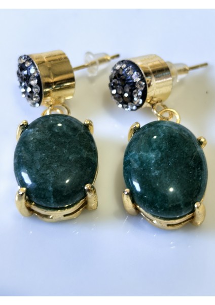 Küpe Yeşil Akik Doğal Taşlı Çelik Küpe