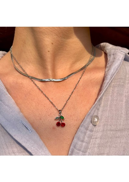 Kiraz Detaylı Çelik Paslanmaz Kolye