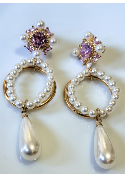 Küpe Zirkon Taşlı Damla Incili Küpe