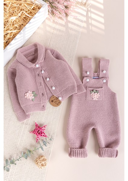 Triko Kışlık Kız Bebek Salopet Takım Tulum Set