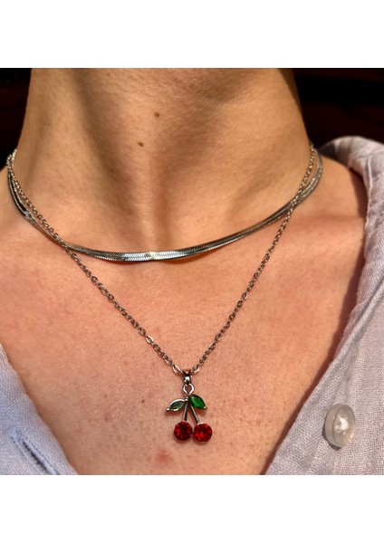 Kiraz Detaylı Çelik Paslanmaz Kolye fiyatları