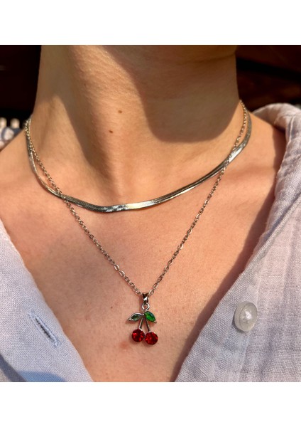 Kiraz Detaylı Çelik Paslanmaz Kolye modelleri