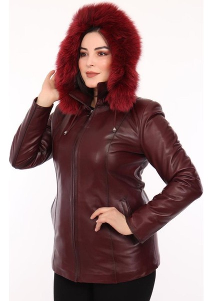 Hakiki Deri Bordo Olivia Kürklü Kadın Ceket