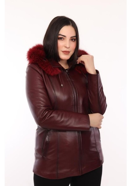 Hakiki Deri Bordo Olivia Kürklü Kadın Ceket modelleri
