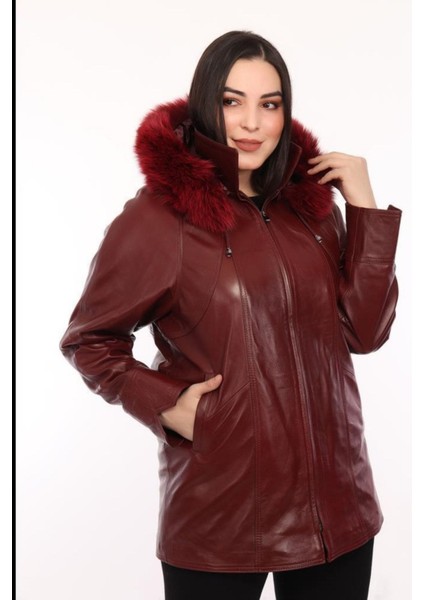 Hakiki Deri Bordo Yaka Kürklü Kadın Ceket