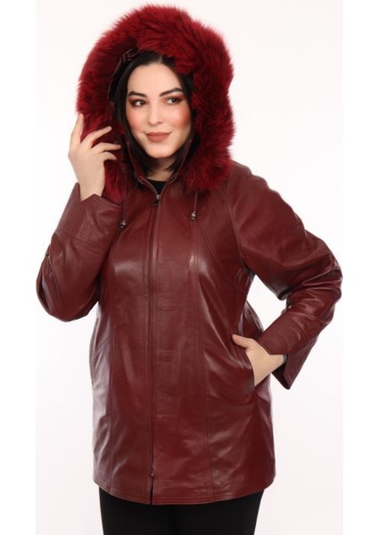 Hakiki Deri Bordo Yaka Kürklü Kadın Ceket modelleri