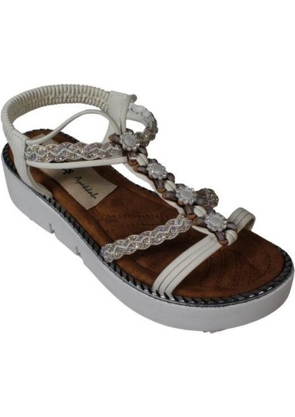 Yazkış Kadın Beyaz Vizon(Nut) Cilt Üzeri Taşlı Arkası Açık 4cm Kalın Rahat Taban Sandalet