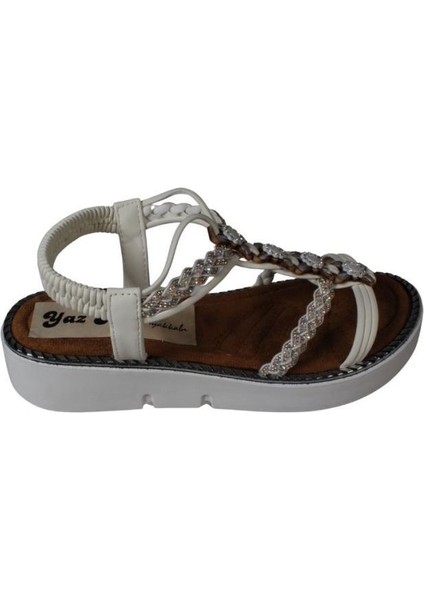 Yazkış Kadın Beyaz Vizon(Nut) Cilt Üzeri Taşlı Arkası Açık 4cm Kalın Rahat Taban Sandalet fiyatları