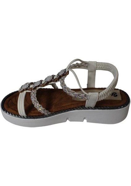 Yazkış Kadın Beyaz Vizon(Nut) Cilt Üzeri Taşlı Arkası Açık 4cm Kalın Rahat Taban Sandalet modelleri