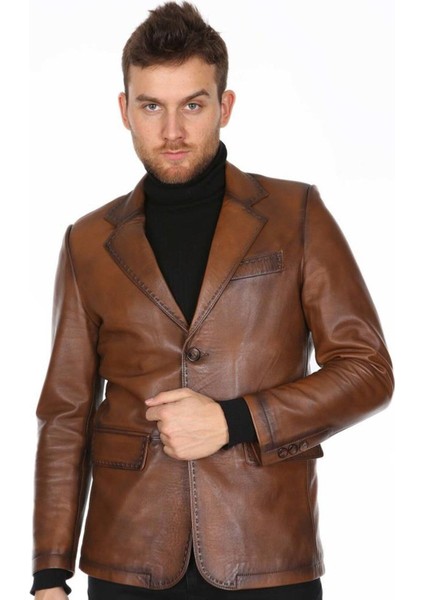 Hakiki Deri Erkek Kahve Düğmeli Ceket