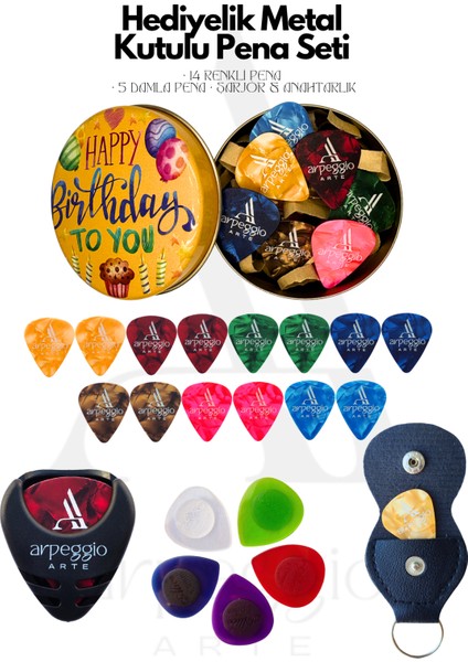 Hediyelik Pena Seti | Metal Kutu | 14 Renkli Pena • 5 Damla Pena • Pena Şarjörü & Taşıma Çantası - Tüm gitar ve ukulele modelleri ile uyumlu!