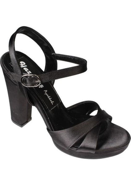 Yazkış Kadın Siyah Gümüş Saten Çapraz Bantlı 10CM Kalın Topuk 3 cm Pltform Topuklu Abiye Ayakkabı