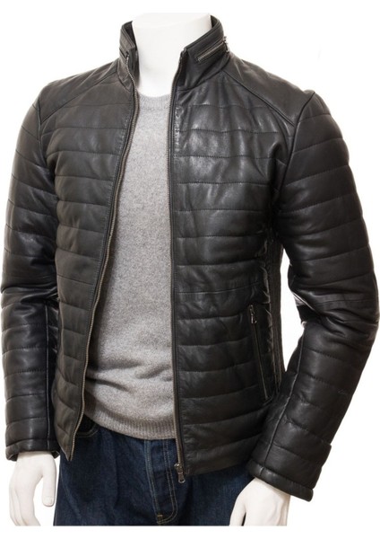 Hakiki Deri Erkek Siyah Kapitone Deri Ceket: Hawkchurch