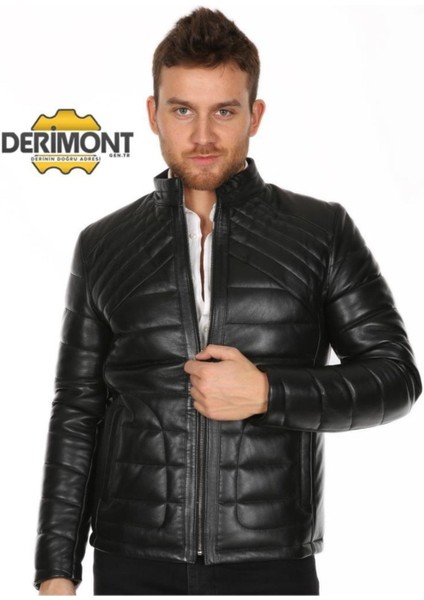 Hakiki Deri Erkek Siyah Şişme Deri Mont